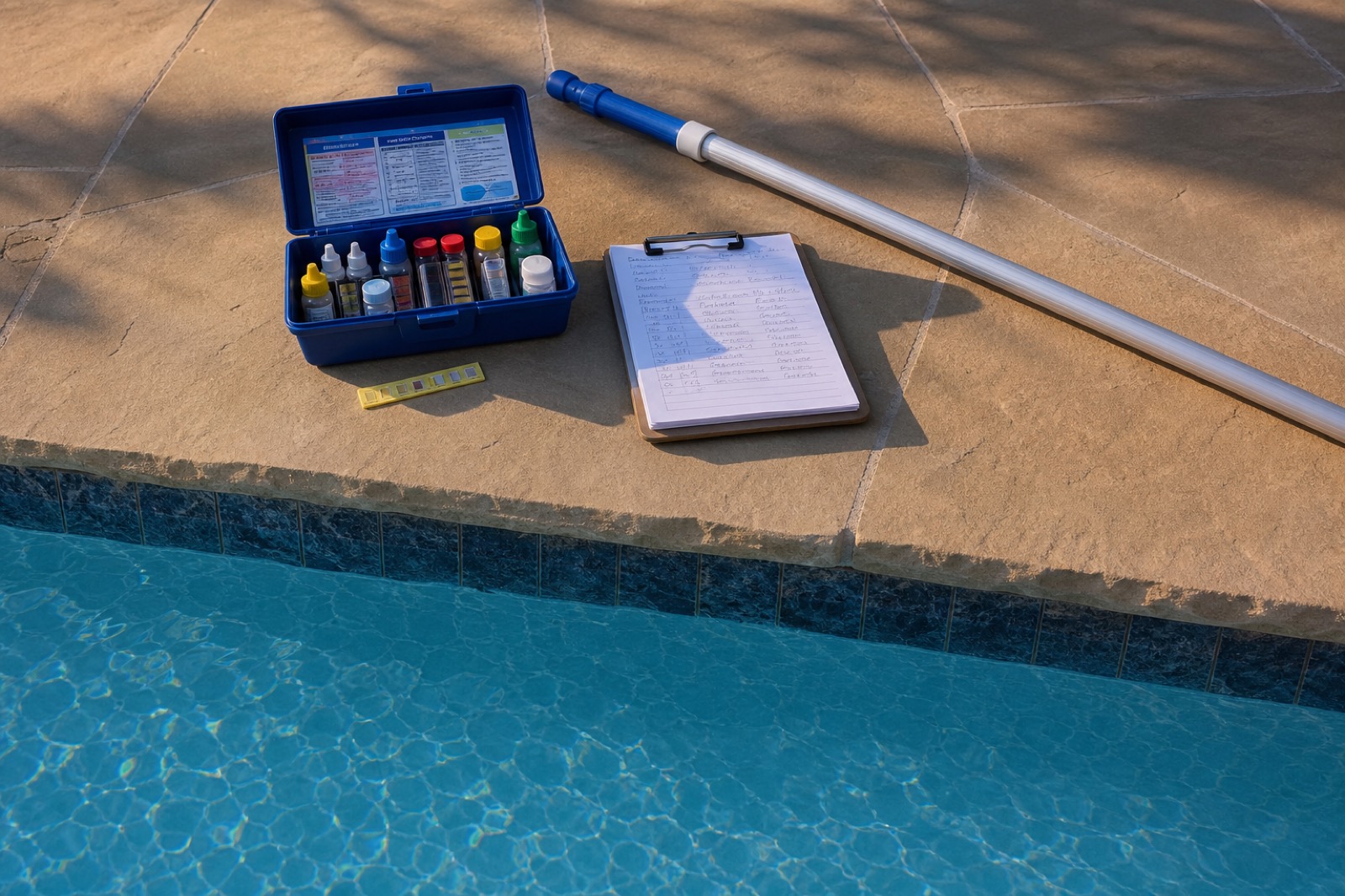 Sea Blue test kit and route log on the coping of a serviced Fort Worth pool